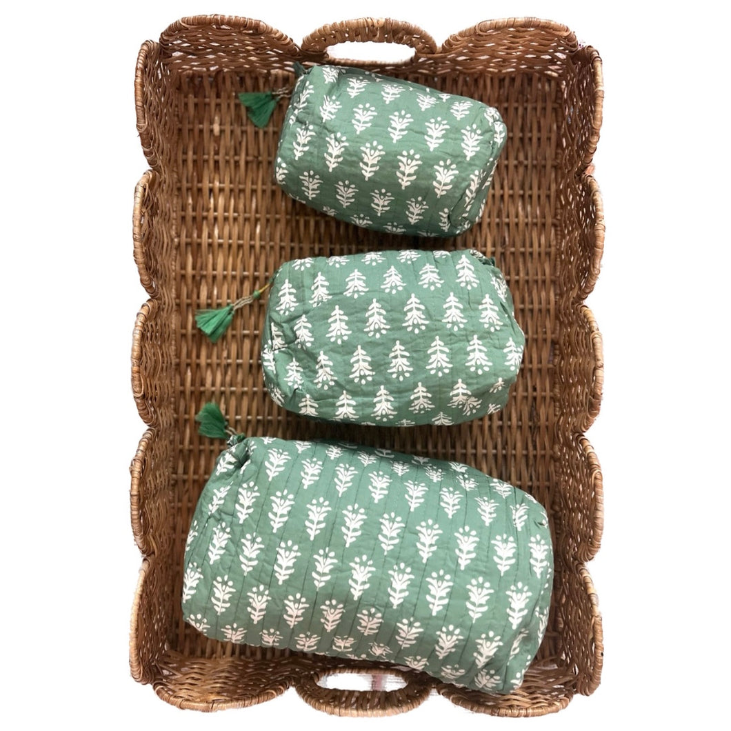 Block Print Cosmetic Bags - Green Vine (Set of 3)
