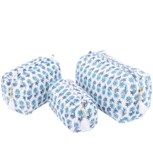 Load image into Gallery viewer, Cotton Block Print Cosmetics Bags - Blues Dabu (Set of 3)