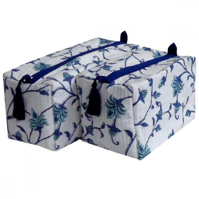 Block Print Cosmetic Bags - Floral Blue Vines (Set of 2)