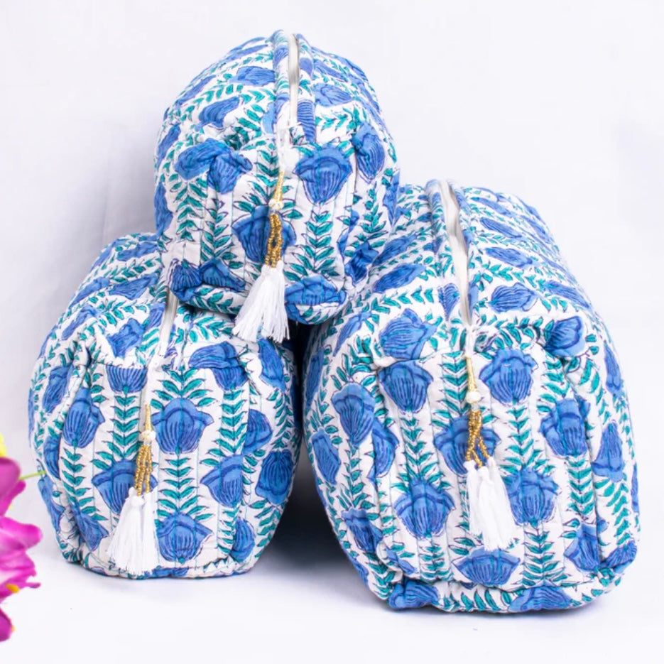 Cotton Block Print Cosmetic Bags - Lotus Blues (Set of 3)