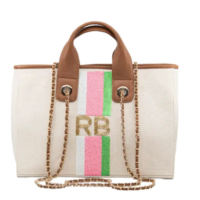 Canvas Beaded Personalized Chain Links Leather Tote