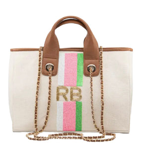 Canvas Beaded Personalized Chain Links Leather Tote