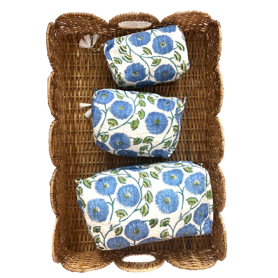 Cotton Block Print Cosmetic Bags - Blue Poppy (Set of 3)