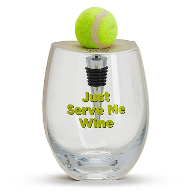 Tennis Stemless Wine Glass with Tennis Ball Wine Stopper