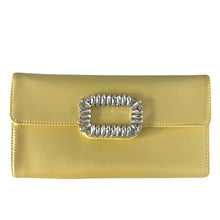 Load image into Gallery viewer, Butter Yellow Satin Rhinestone Buckle Clutch