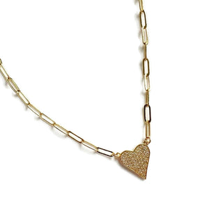 Pave Heart Paperclip Necklace (Gold Filled)