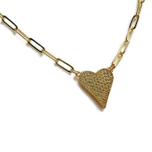 Pave Heart Paperclip Necklace (Gold Filled)