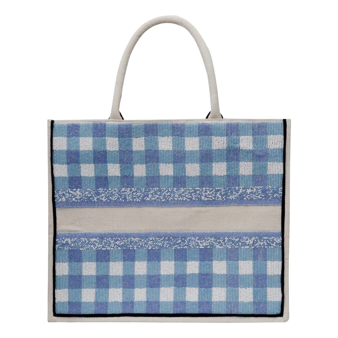 Blue Gingham Personalized Beaded Large Tote Made to Order Sea Marie Designs