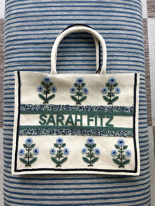 Blue Peony Beaded Large Tote (Made to Order)