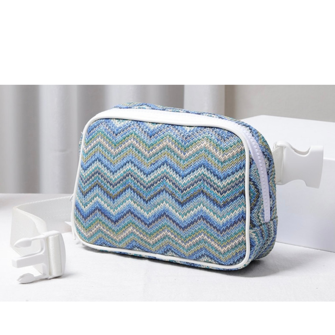 Blue Raffia Chevron Belt Bag