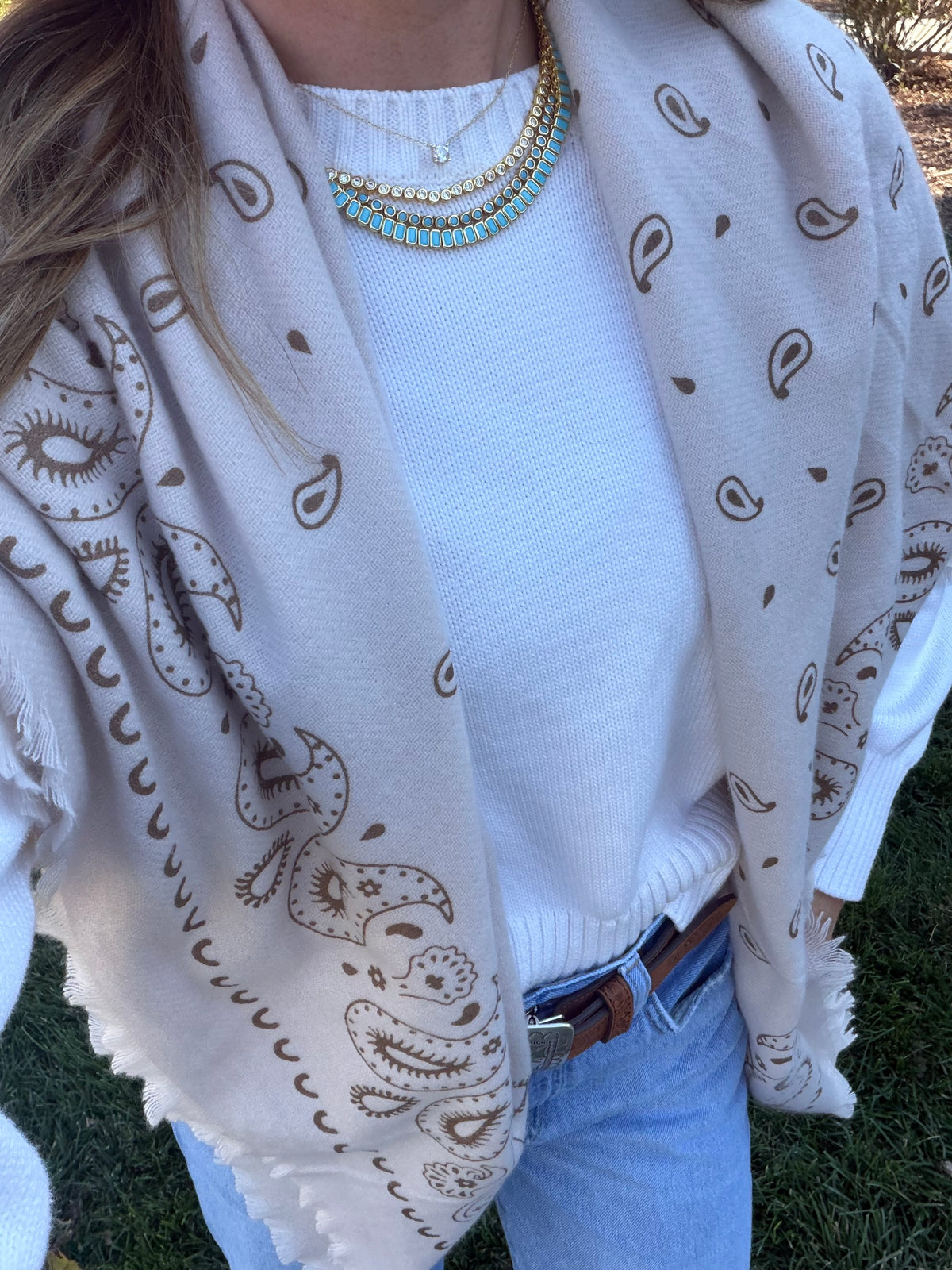 Aspen Paisley Wool Bandana Scarf - Beige
