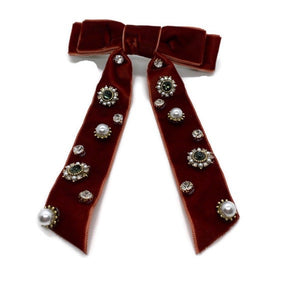 Burgundy Velvet Barrette Bow with Rhinestones