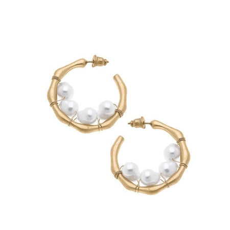 Pearl-Wrapped Bamboo Hoop Earrings