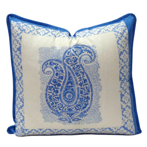 Blue Paisley Block Print Pillow Cover - 15” x 15”