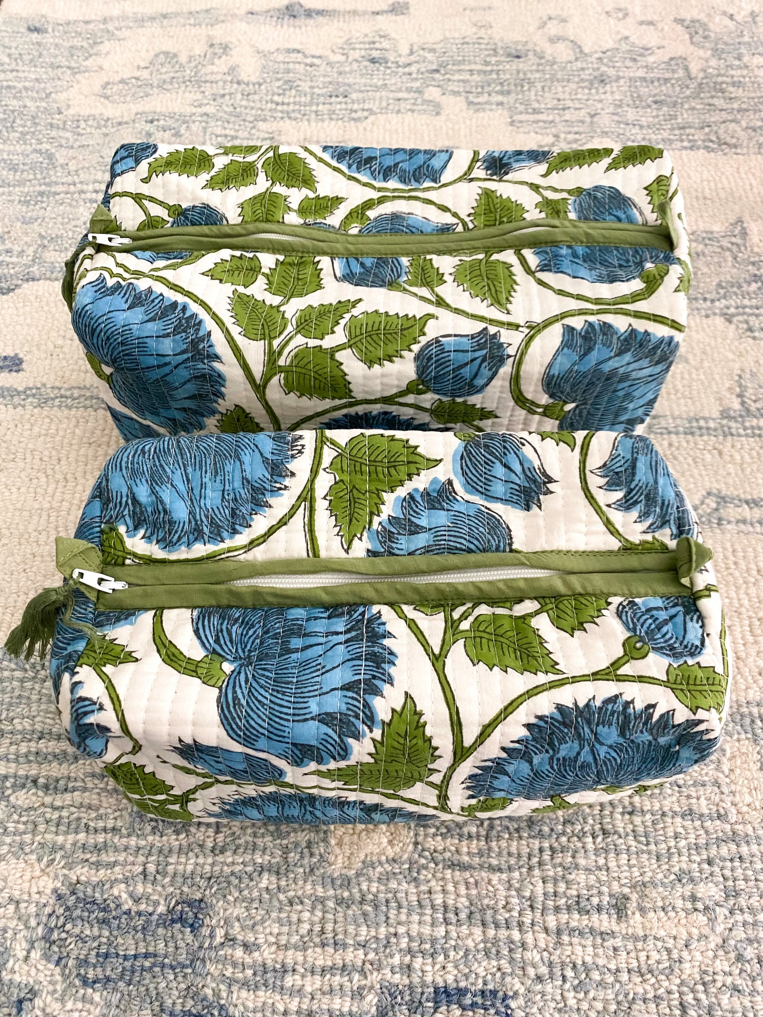 Floral Indian Hand Block Print Quilted Pouch Designer Toiletry Bag 3 Piece  Set