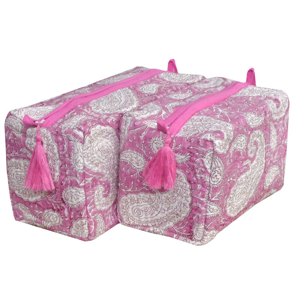 Block Print Cosmetic Bags -  Pink Paisley (Set of 2)