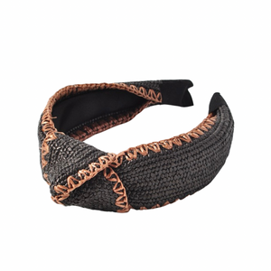Tan Stitching Black Rattan Headband