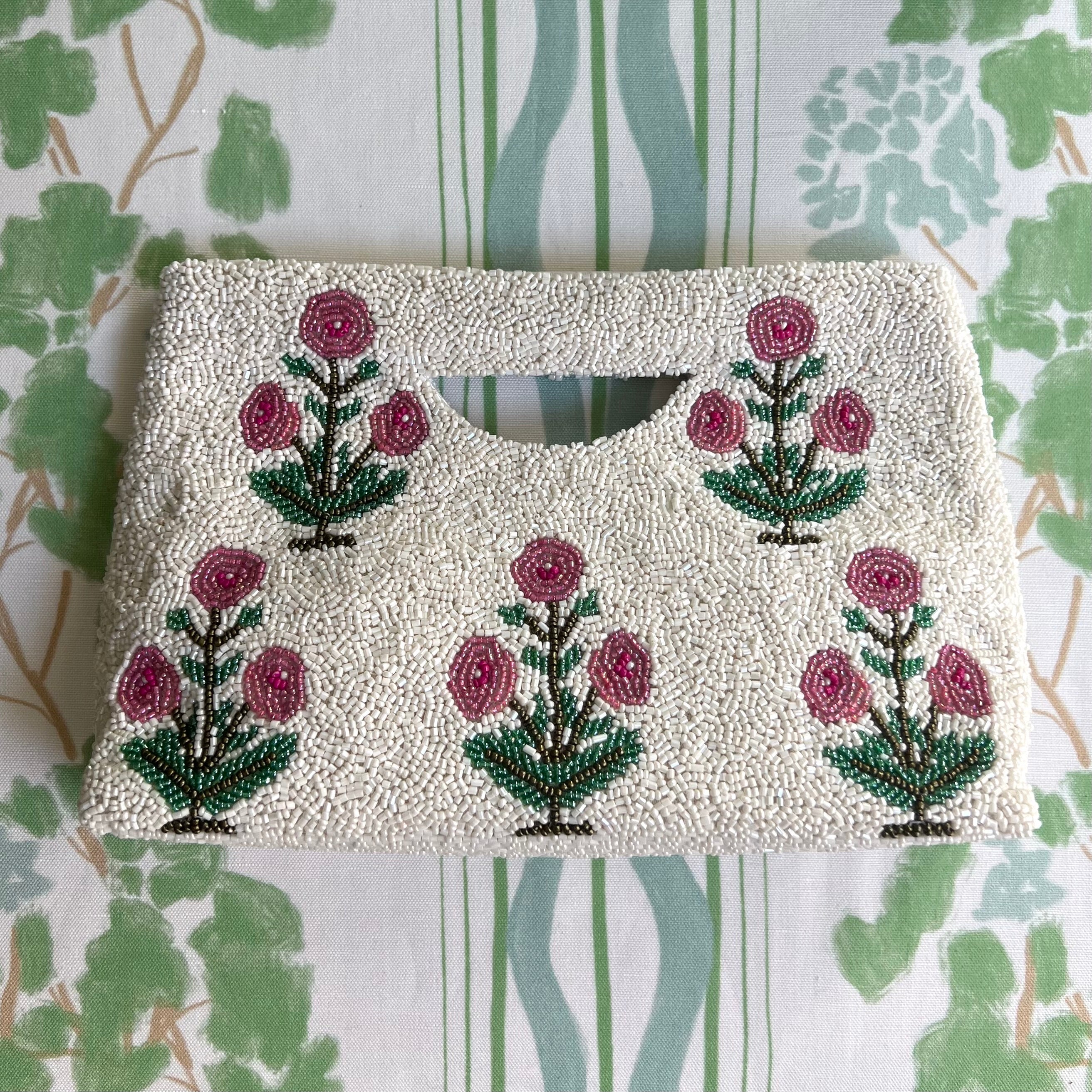 Raspberry Peony Beaded Clutch (Made to Order - Ships in 3 weeks)