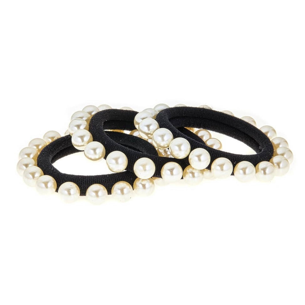 White Pearl Black Band Hair Tie Set