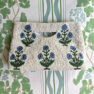 Blue Peony Beaded Clutch (Made to order - ships in 3 weeks)